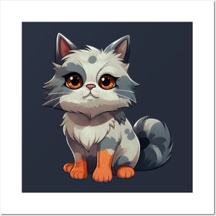 Cartoon white and grey fluffy cat Posters and Art